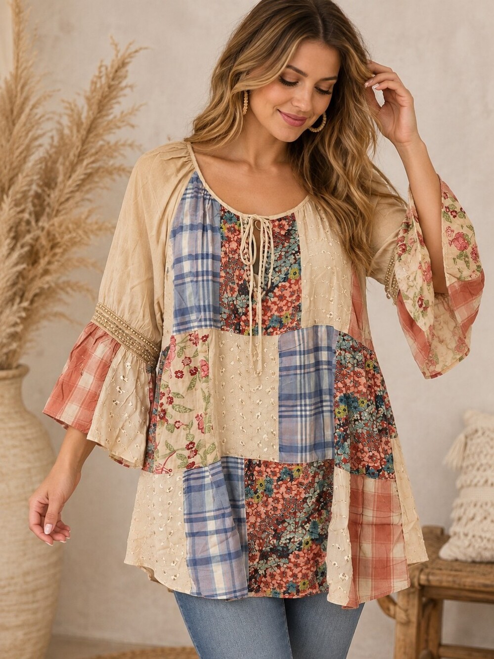 476.Bohemian Patchwork Bell Sleeve Tunic Top - Beige Multi